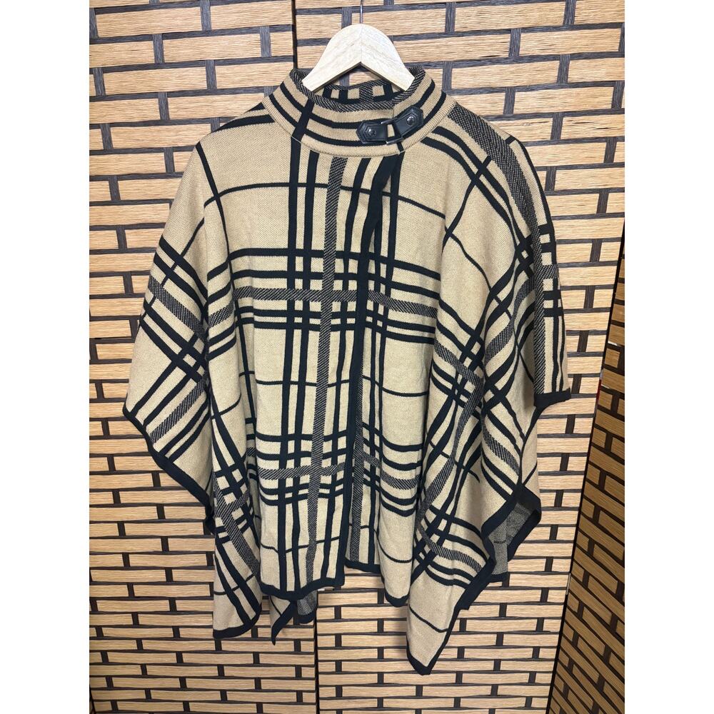 Chico'sโ Tan And Black Plaid Mock Neck Poncho Size One Size